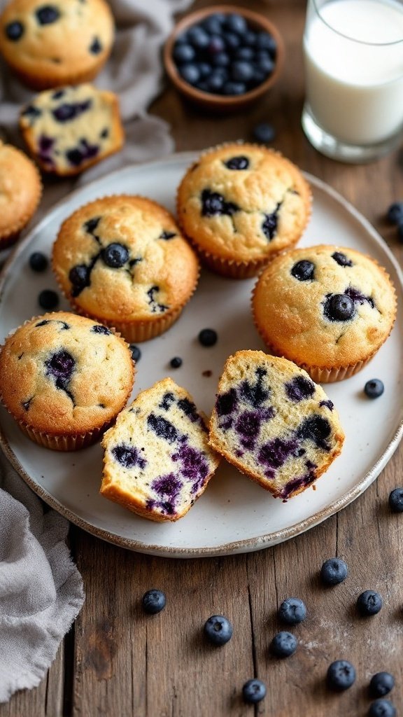 Easy Gluten-Free Blueberry Muffins Recipe Freshly baked gluten-free blueberry muffins on a plate with blueberries and milk.